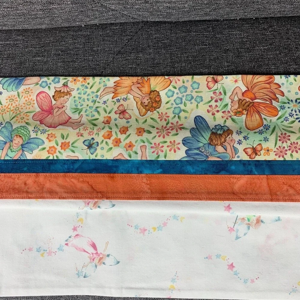 2 Homemade Whimsical Floral Fairy Print Pillowcases Orange Blue Trim Std/Queen